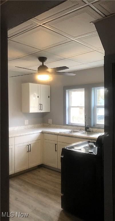 kitchen featuring hardwood / wood-style flooring, white cabinets, range, and sink