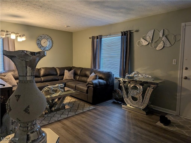 living room with wood-type flooring and a textured ceiling