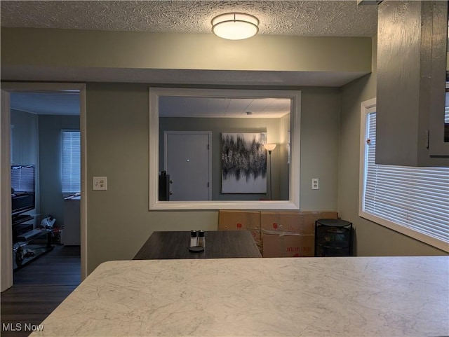 dining room with dark wood-type flooring and a textured ceiling