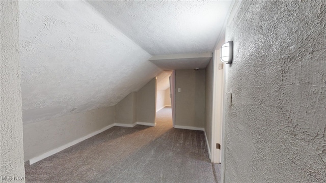 additional living space with a textured ceiling, carpet, and lofted ceiling