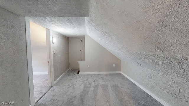 additional living space with a textured ceiling, lofted ceiling, and light carpet