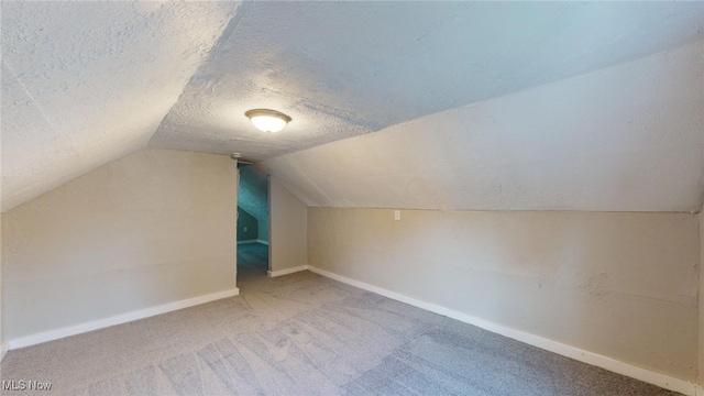 additional living space with carpet flooring, lofted ceiling, and a textured ceiling