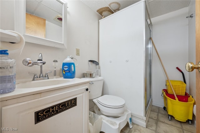 bathroom with vanity, a shower with door, and toilet