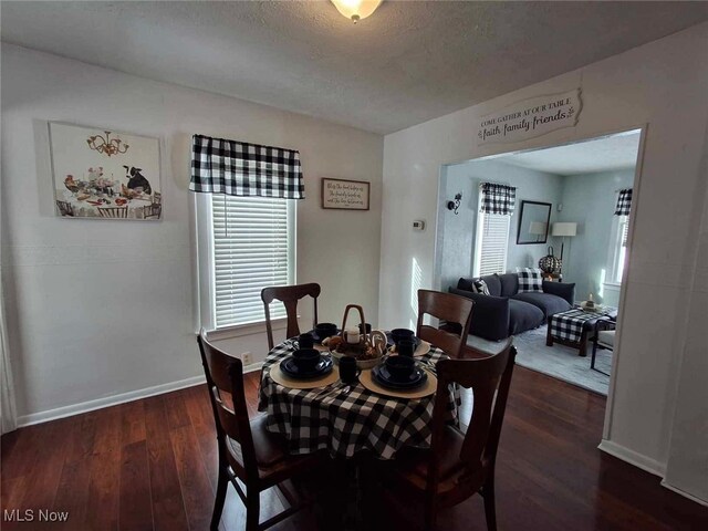 dining space featuring a textured ceiling, baseboards, and dark wood-type flooring
