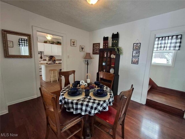 dining area with dark wood-type flooring and a textured ceiling