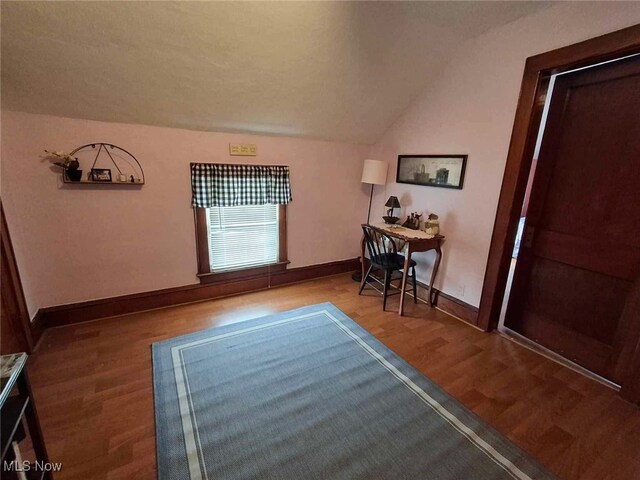 foyer entrance with hardwood / wood-style flooring and vaulted ceiling