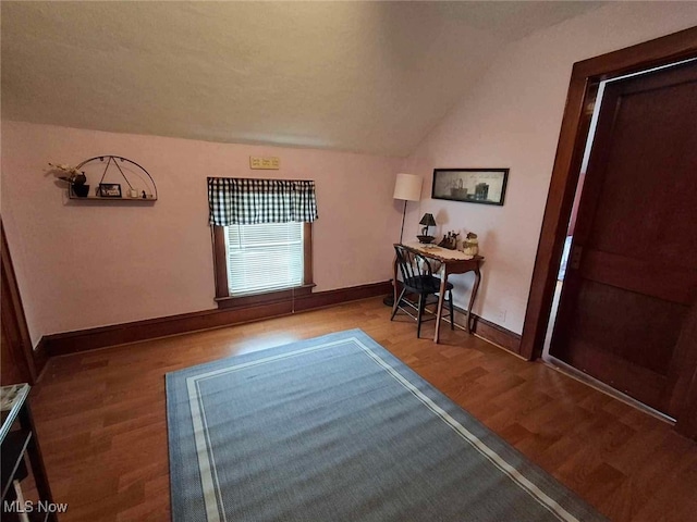 interior space featuring vaulted ceiling, wood finished floors, and baseboards