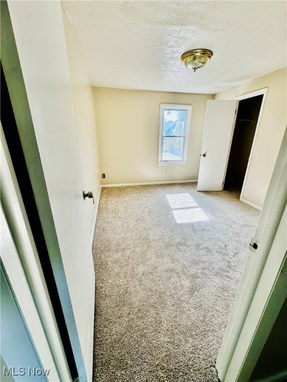 unfurnished room with light colored carpet and a textured ceiling