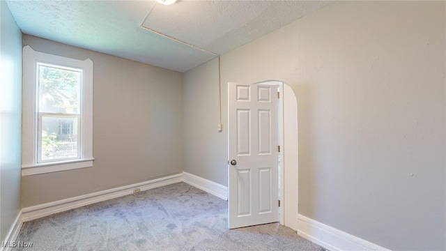 spare room featuring a textured ceiling, a healthy amount of sunlight, and light carpet