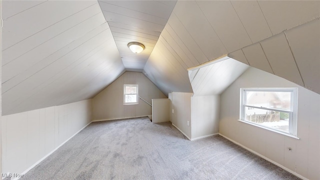 bonus room featuring light colored carpet and lofted ceiling