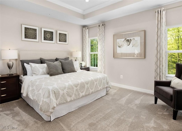 carpeted bedroom featuring a tray ceiling and crown molding