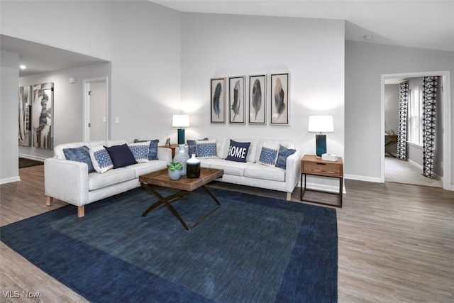 living room with hardwood / wood-style flooring and high vaulted ceiling