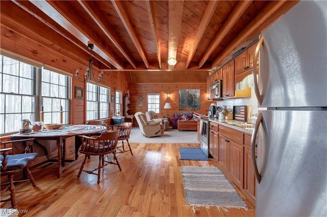 kitchen with wooden walls, light wood-type flooring, a notable chandelier, wood ceiling, and stainless steel appliances