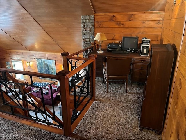 office space with wooden ceiling and wood walls