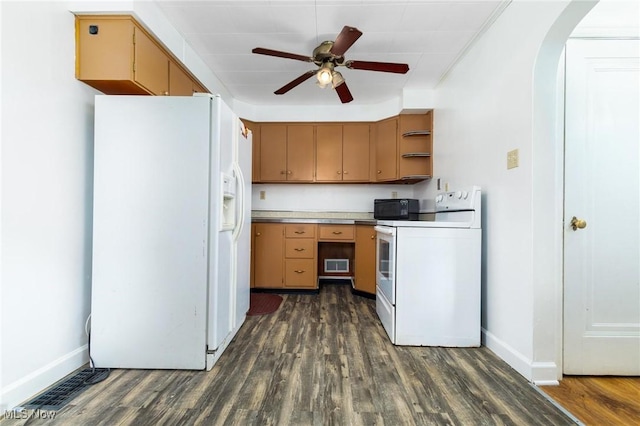 kitchen featuring white appliances, dark hardwood / wood-style floors, ceiling fan, and crown molding