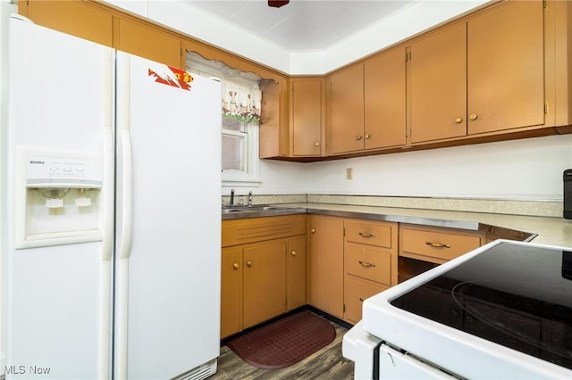 kitchen featuring white appliances, dark wood-type flooring, and sink