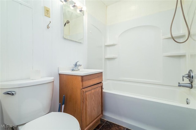 full bathroom with washtub / shower combination, vanity, and toilet