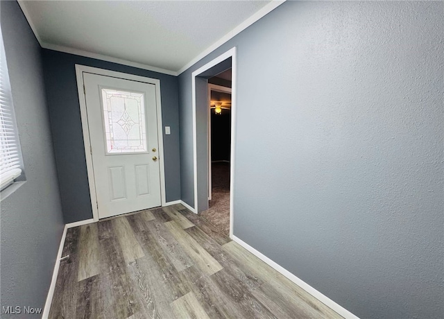 doorway featuring crown molding and hardwood / wood-style flooring