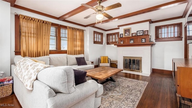 living room featuring beamed ceiling, dark hardwood / wood-style floors, and ceiling fan