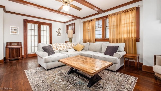 living room featuring ceiling fan, beam ceiling, dark hardwood / wood-style flooring, and french doors