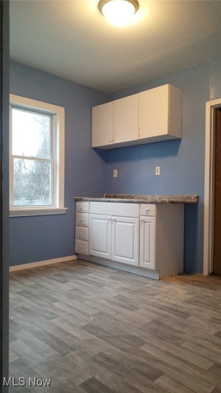 kitchen with white cabinets and light hardwood / wood-style floors