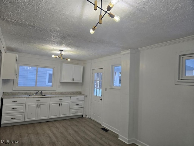 kitchen featuring white cabinets, crown molding, a notable chandelier, and sink