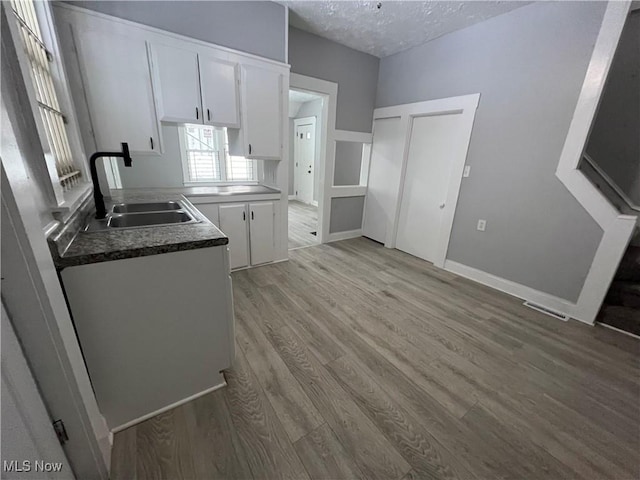 kitchen with a sink, visible vents, a textured ceiling, and white cabinets