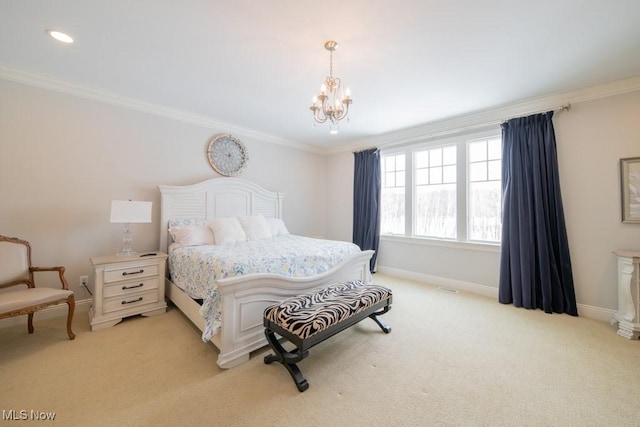 bedroom with crown molding and light carpet