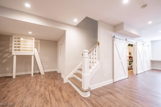 basement featuring a barn door and wood-type flooring