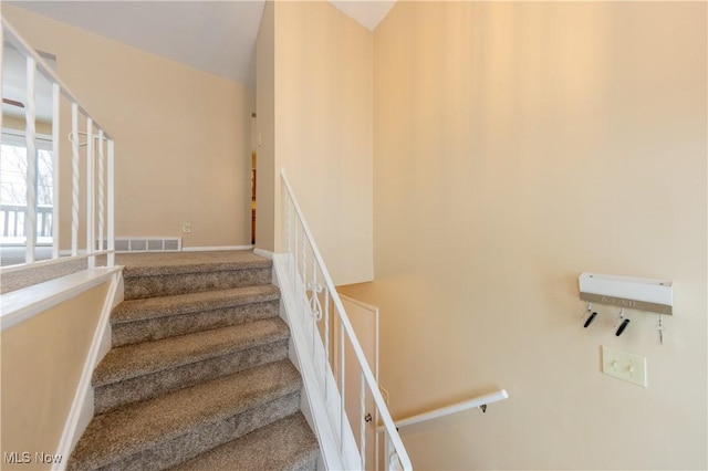 stairway featuring carpet flooring