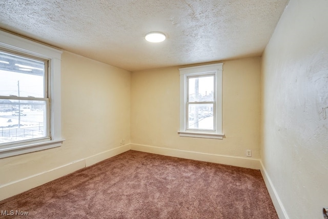 unfurnished room with carpet and a textured ceiling