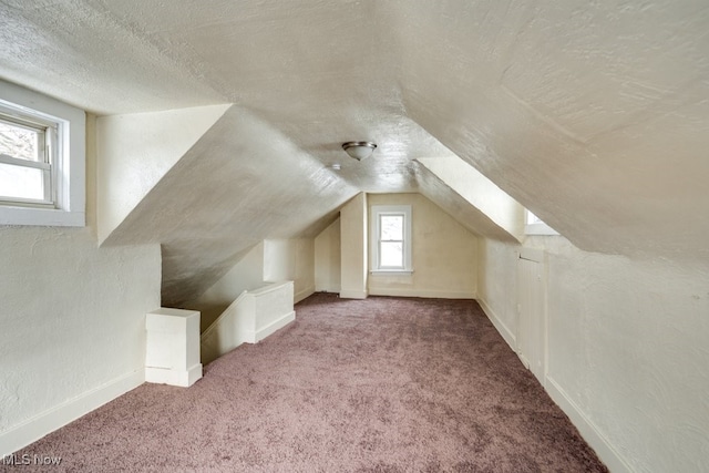 additional living space featuring vaulted ceiling, carpet, and a textured ceiling