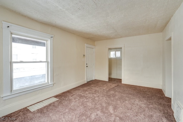 empty room featuring light carpet, plenty of natural light, and a textured ceiling