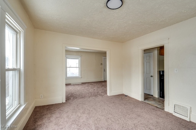 unfurnished room with a textured ceiling, light colored carpet, and a healthy amount of sunlight