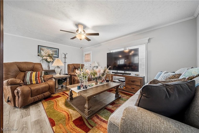 living room with ceiling fan, crown molding, wood-type flooring, and a textured ceiling