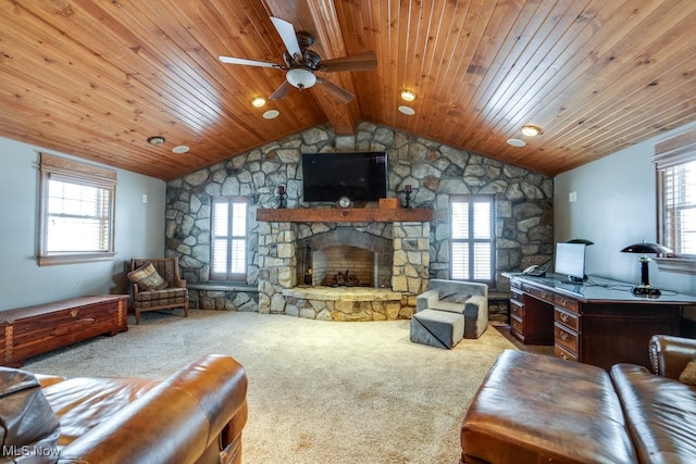 carpeted living room featuring a fireplace, a ceiling fan, wooden ceiling, and lofted ceiling