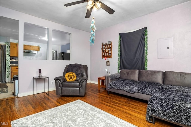 living room featuring hardwood / wood-style floors, electric panel, and ceiling fan