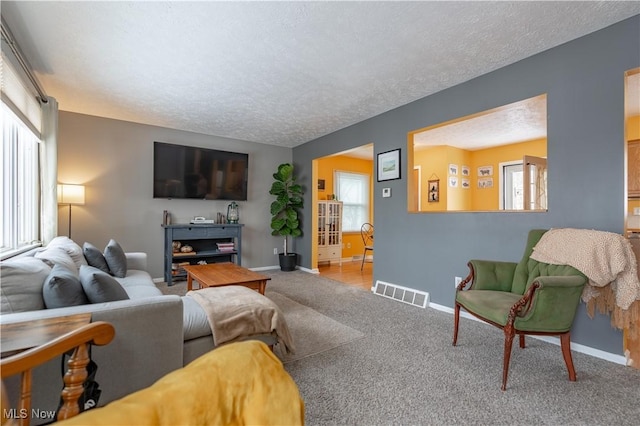 carpeted living room with a textured ceiling