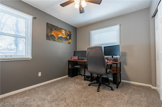 carpeted office space with ceiling fan and plenty of natural light