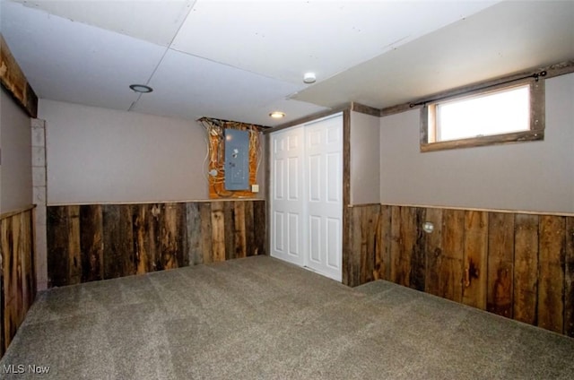 below grade area with electric panel, wainscoting, wood walls, and carpet flooring