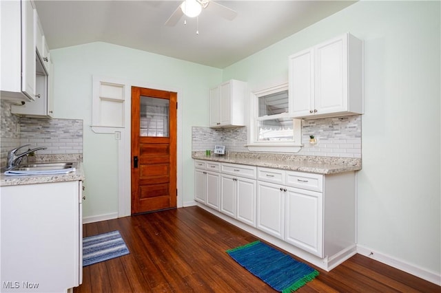 kitchen featuring white cabinets, backsplash, sink, and dark wood-type flooring