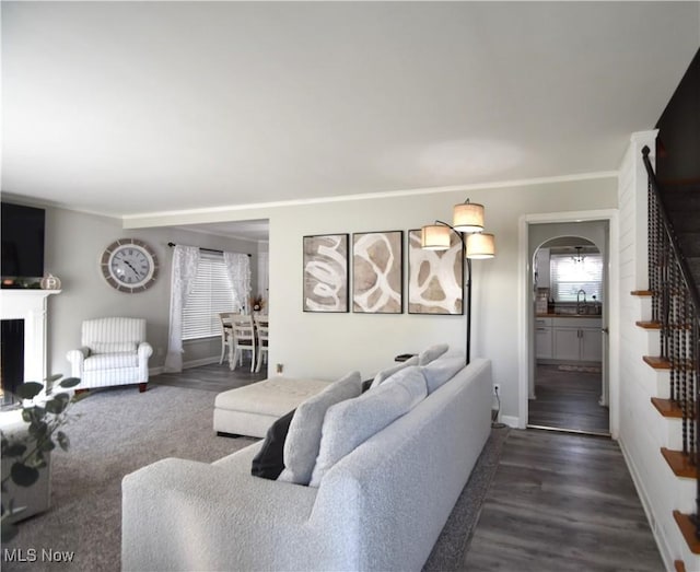 living room with sink and dark hardwood / wood-style flooring