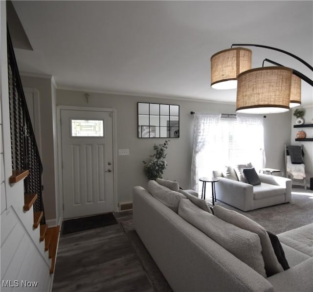 living room with dark hardwood / wood-style flooring, ornamental molding, and a wealth of natural light