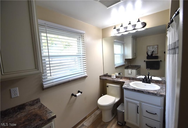 bathroom featuring toilet, hardwood / wood-style floors, and vanity