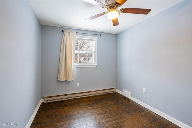 unfurnished room with dark hardwood / wood-style floors, baseboard heating, and ceiling fan