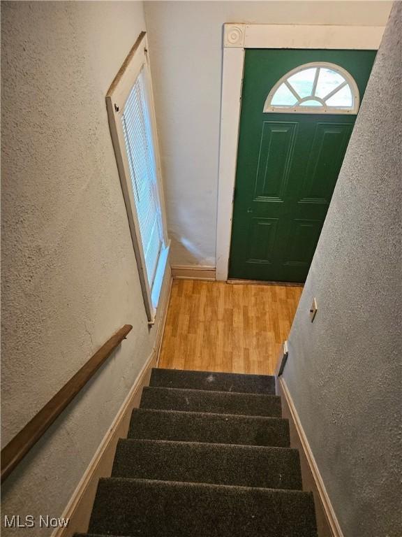 staircase with hardwood / wood-style floors