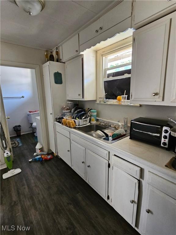 kitchen featuring white cabinets, dark wood-type flooring, and sink