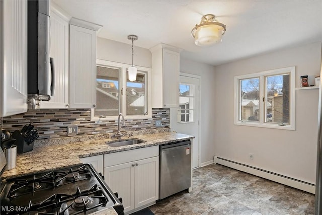 kitchen with dishwasher, sink, a baseboard radiator, decorative light fixtures, and white cabinetry