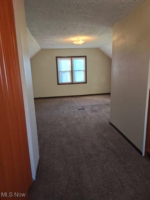 additional living space with carpet flooring, a textured ceiling, and vaulted ceiling