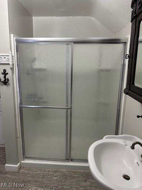 bathroom featuring wood-type flooring, walk in shower, and sink